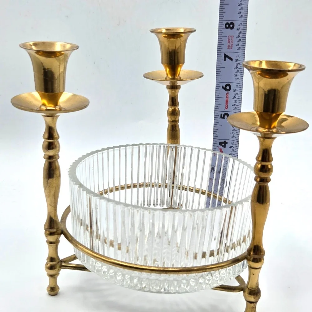 VINTAGE Teleflora Triple 3 Brass Candleholder Ribbed Glass Centerpiece Vase Dish